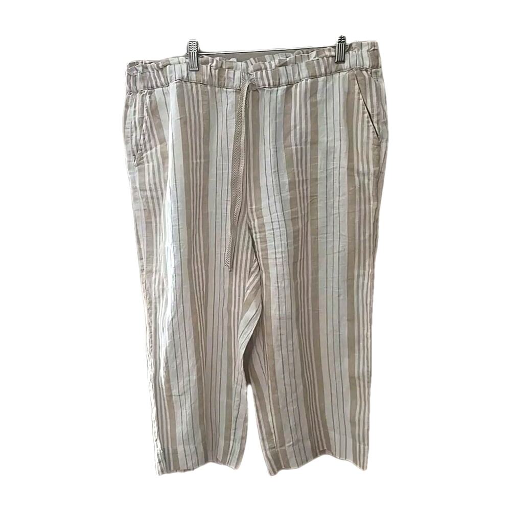 Chico's Tan‎ Striped Straight Leg Linen High Rise Cropped Pants Womans Size 14